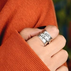 New Season Change Silver Tree & Falling Leaf Ring ~ Wide Band Statement Ring